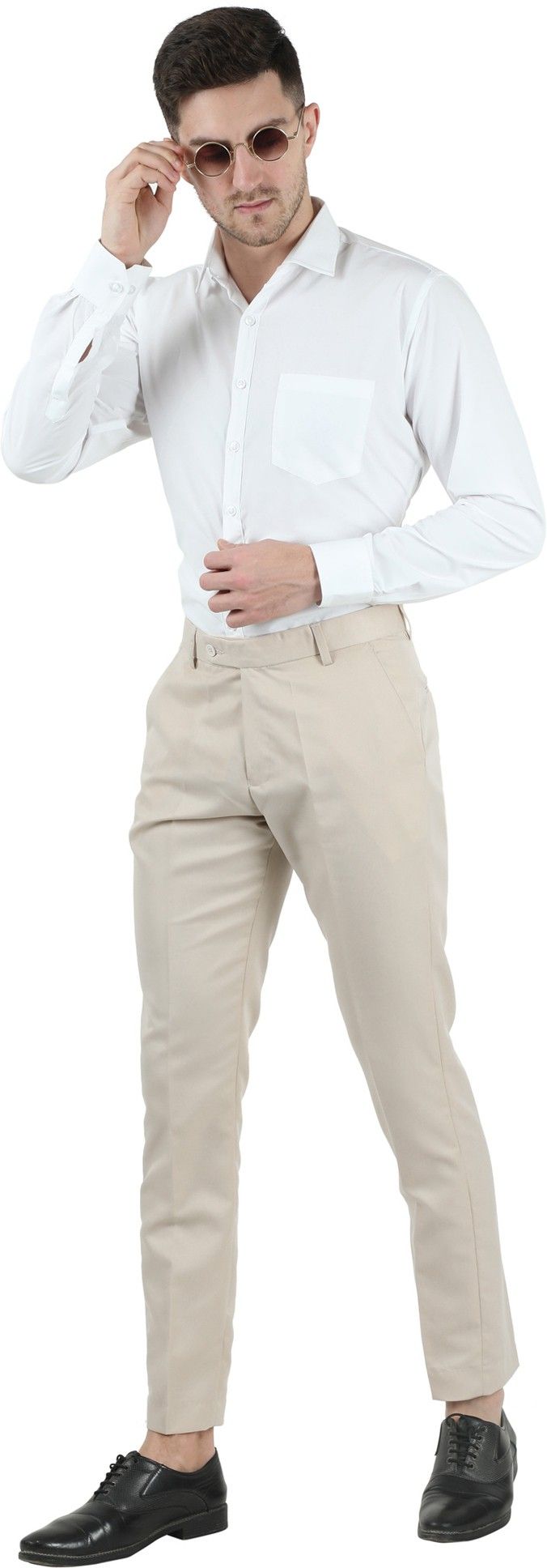 Beige Men's Slim Fit Solid Formal Trouser