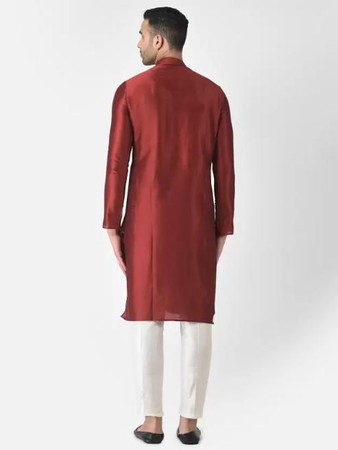 AHBABI Men's Solid Slit Style Dupion Silk Kurta Pyjama Set Red-White