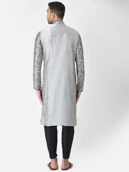 AHBABI Men's Printed Dupion Silk Kurta Pyjama Set Silver-Black