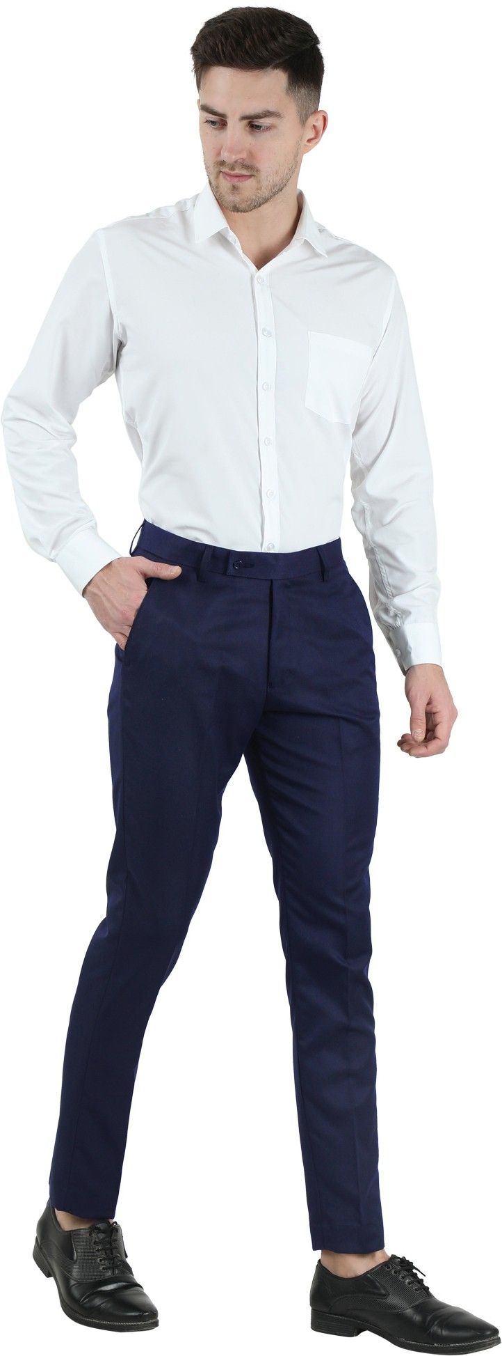 Blue Men's Slim Fit Solid Formal Trouser