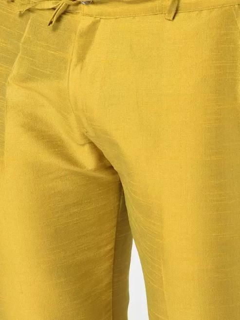 AHBABI Men's Solid Dupion Silk Kurta Pyjama Set Mustard