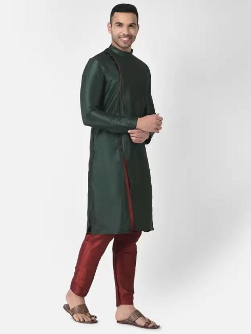 AHBABI Men's Solid Slit Style Dupion Silk Kurta Pyjama Set Green-Red