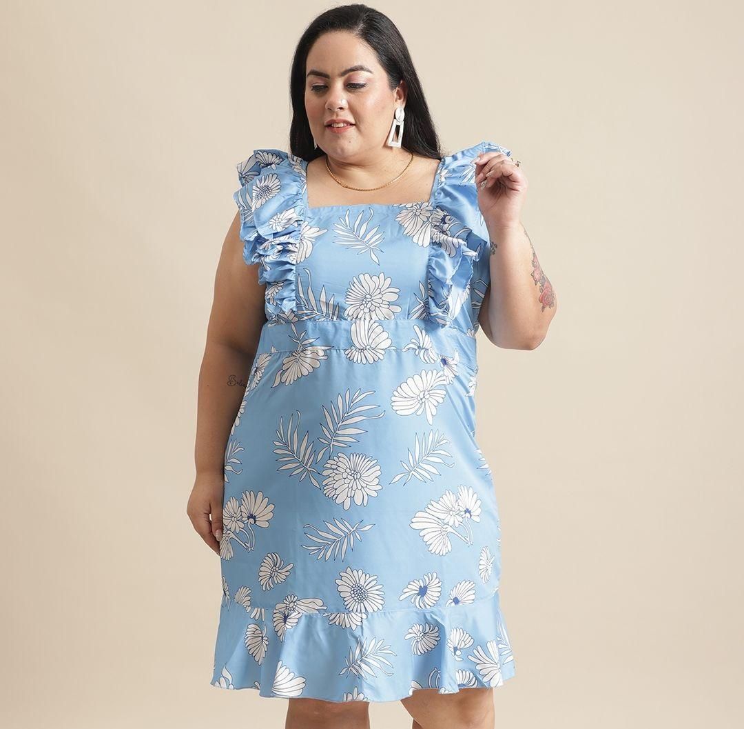Flambeur Plus Size Blue Floral Flared Short Dress for Women