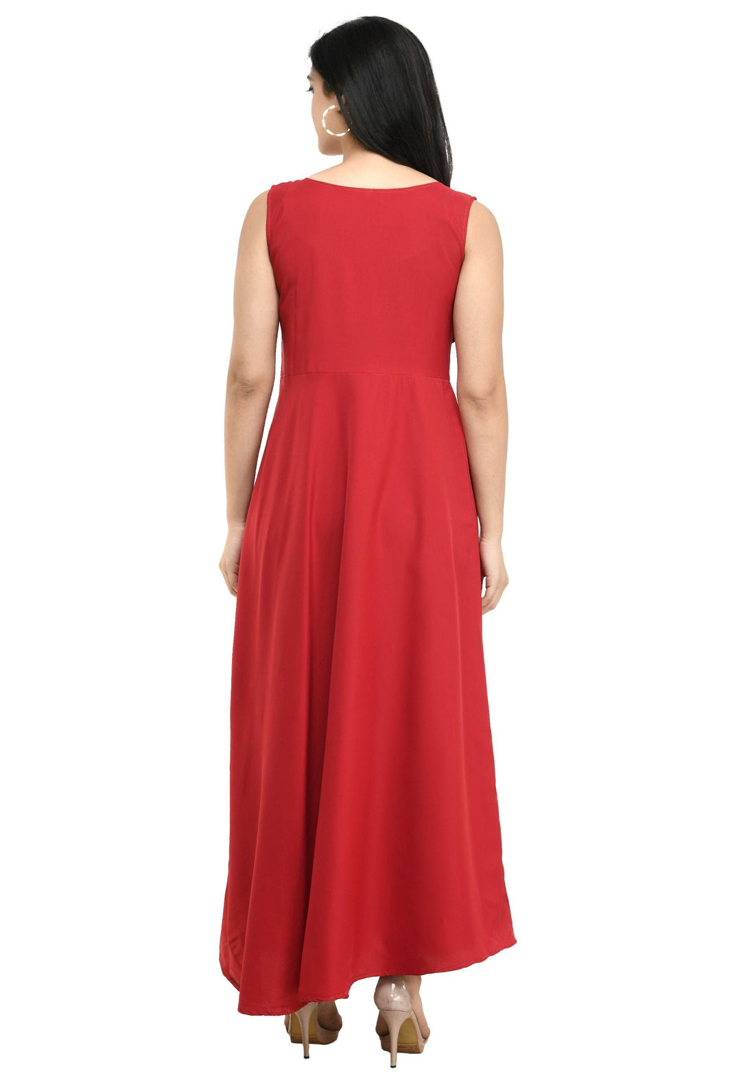 Oceanista Women's Crepe Embellished Partywear Red Maxi Dress
