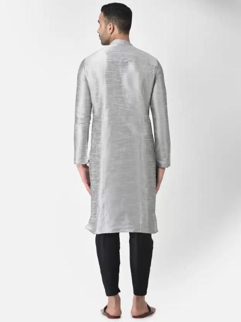 AHBABI Men's Solid Slit Style Dupion Silk Kurta Pyjama Set Silver-Black