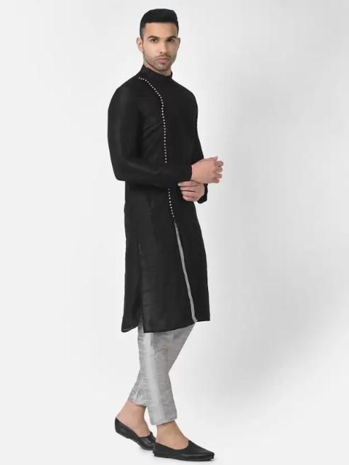 AHBABI Men's Solid Slit Style Dupion Silk Kurta Pyjama Set Black-Silver