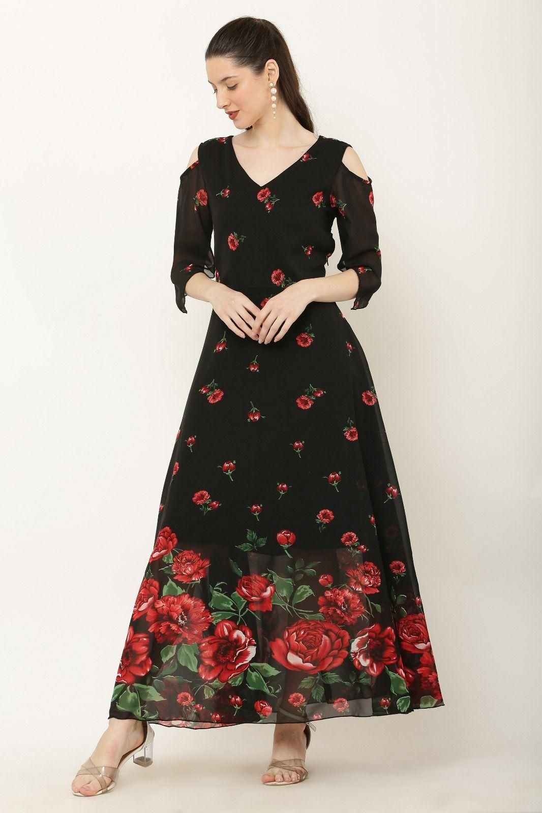 Vivient Women's Floral Print V-Neck Georgette Maxi Dress