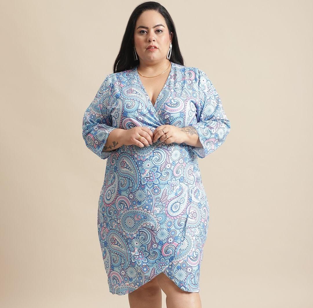 Flambeur Plus Size Printed Wrap Style Short Dress for Women
