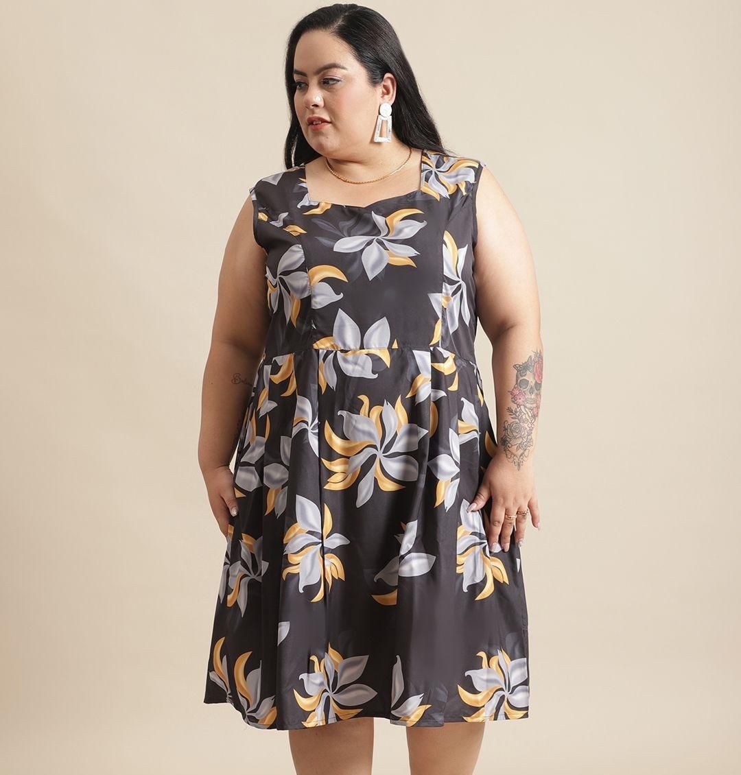 Flambeur Plus Size Floral Flared Short Dress for Women