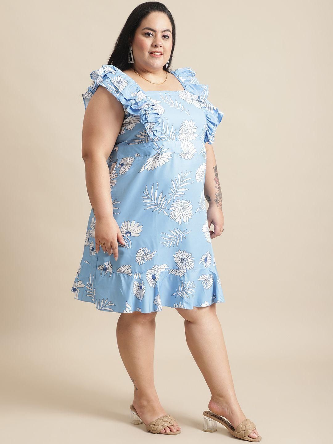 Flambeur Plus Size Blue Floral Flared Short Dress for Women