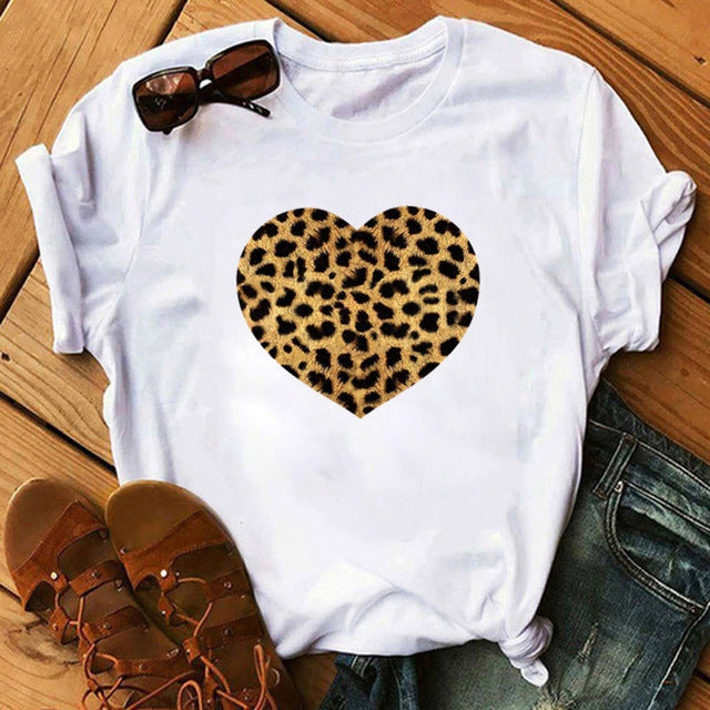 Spring Women's Cartoon Leopard Print Heart Printing T-shirt