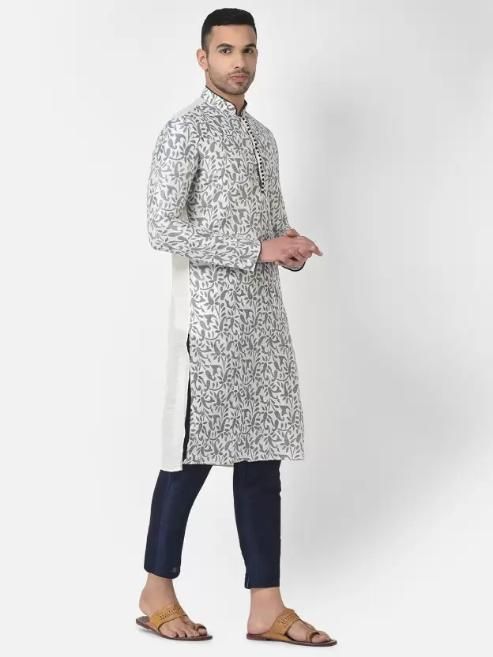 AHBABI Men's Printed Dupion Silk Kurta Pyjama Set White-Nvayblue