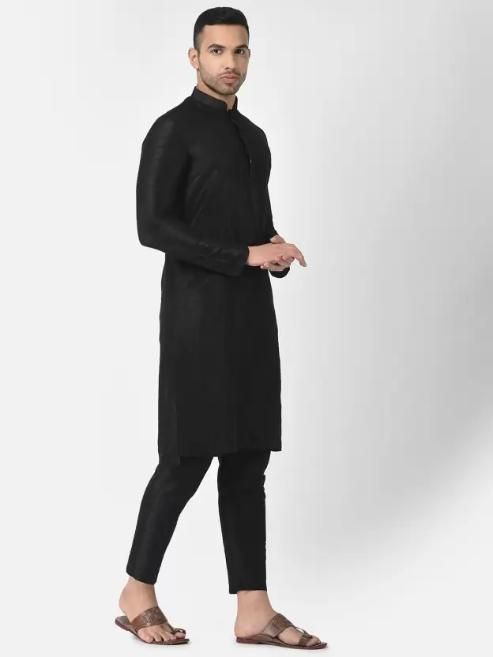 AHBABI Men's Solid Dupion Silk Kurta Pyjama Set Black
