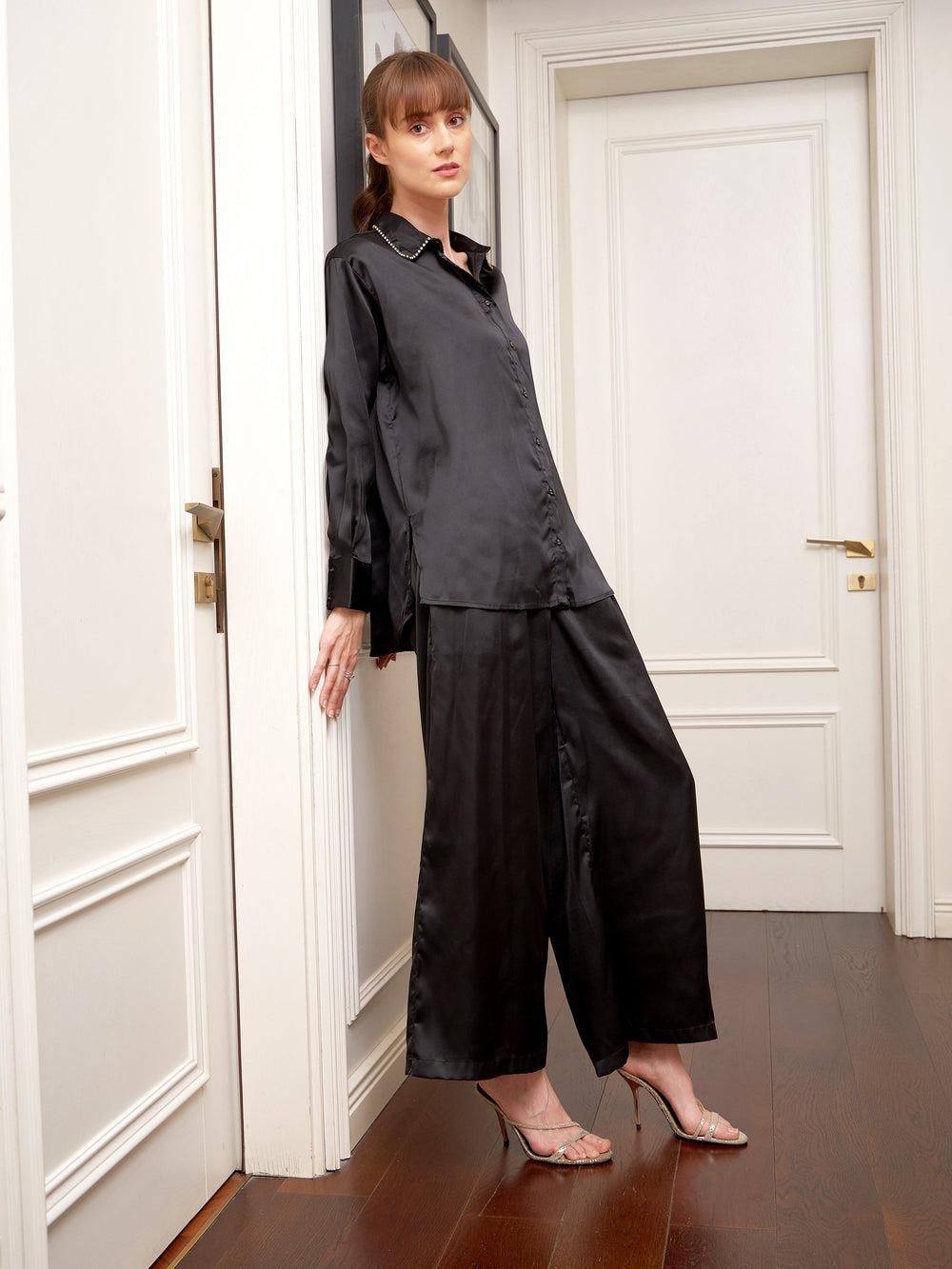 Sassafras Women's Black Satin Longline Shirt With Lounge Pants