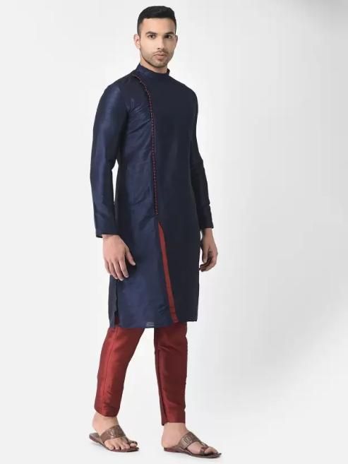 AHBABI Men's Solid Slit Style Dupion Silk Kurta Pyjama Set Navyblue-Red