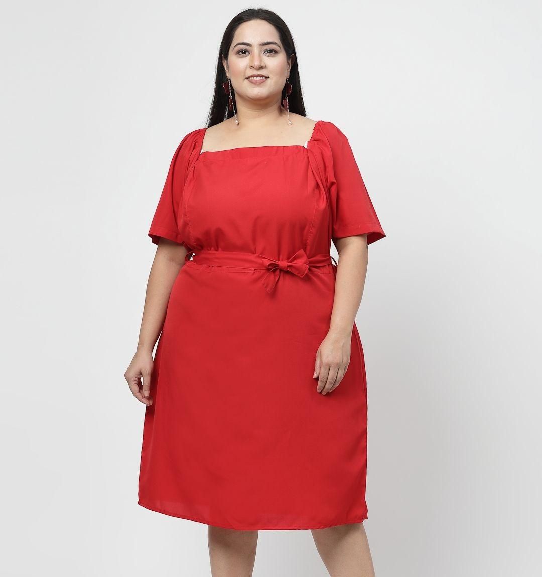 Flambeur Plus Size Red Solid Flared Short Dress for Women