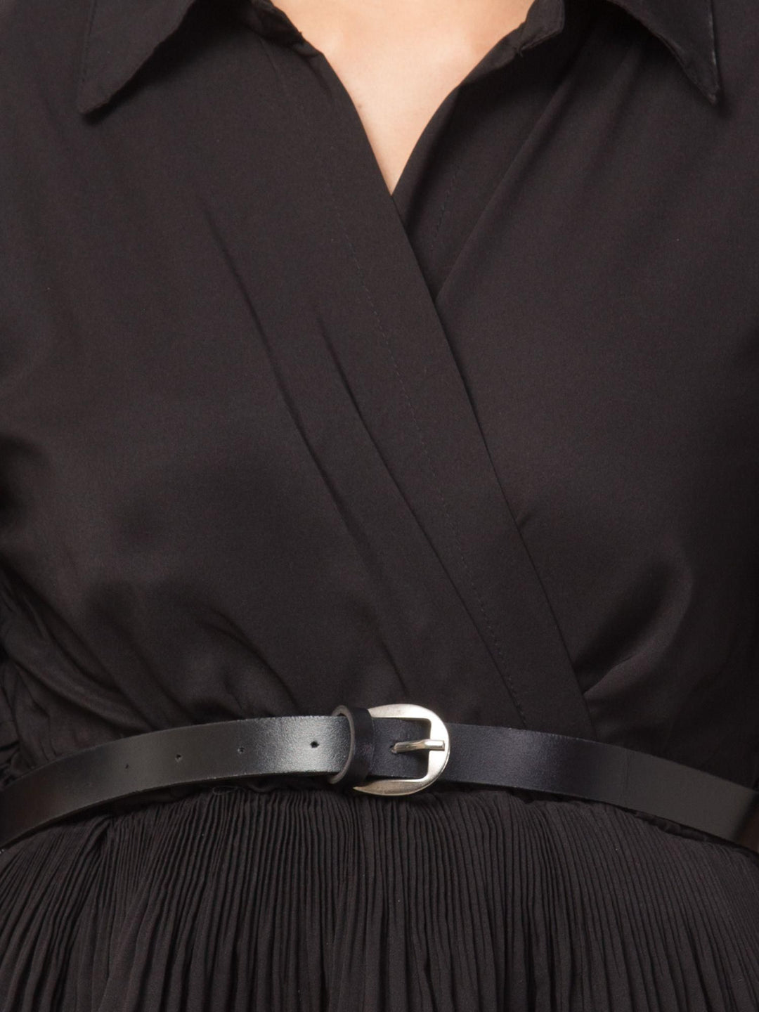 Oceanista Women's Crepe Solid Shirt Collar Flared Black Short Dress