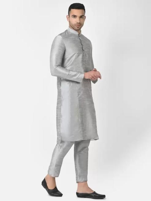 AHBABI Men's Solid Dupion Silk Kurta Pyjama Set Silver