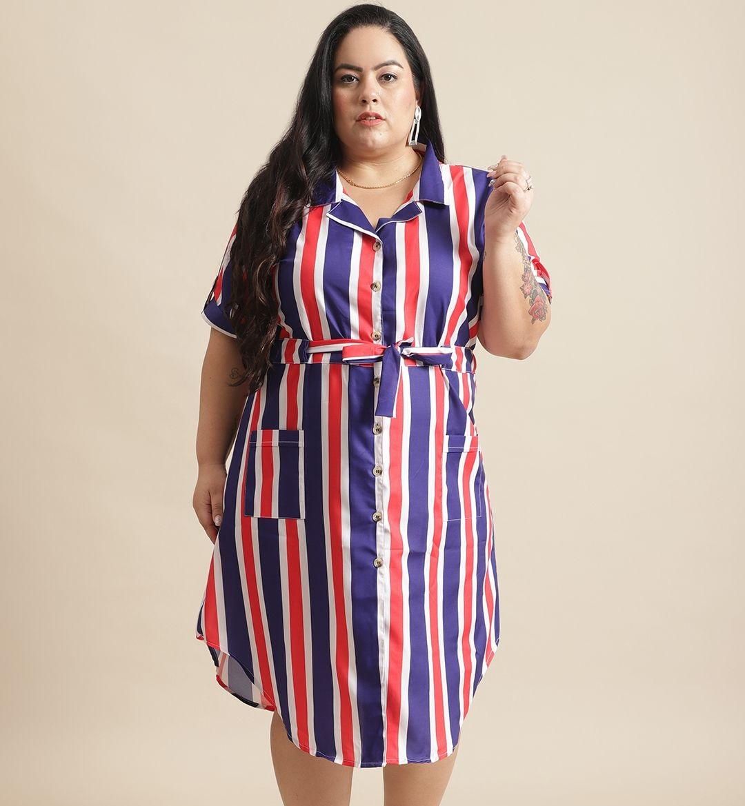 Flambeur Plus Size Stripe Shirt Style Midi Dress for Women