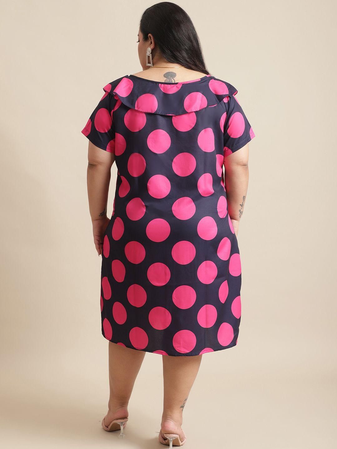 Flambeur Plus Size Polka Dot Shirt Style Short Dress for Women