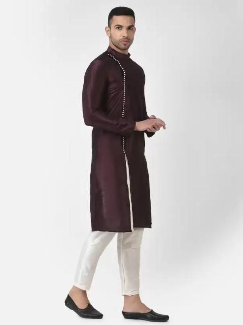 AHBABI Men's Solid Slit Style Dupion Silk Kurta Pyjama Set Maroon-White