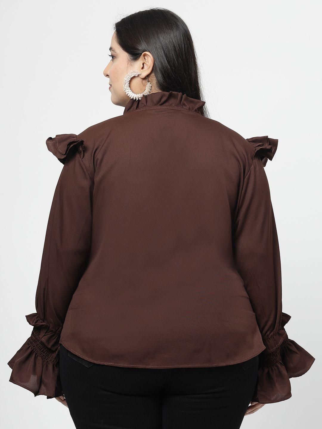 Flambeur Women's Plus Size Solid Brown Full Sleeve Top