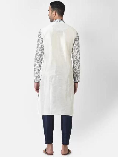AHBABI Men's Printed Dupion Silk Kurta Pyjama Set White-Nvayblue