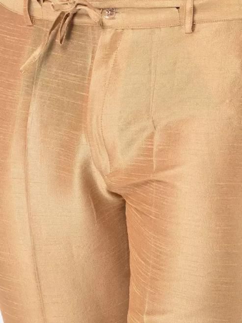 AHBABI Men's Printed Dupion Silk Kurta Pyjama Set Navyblue -Golden