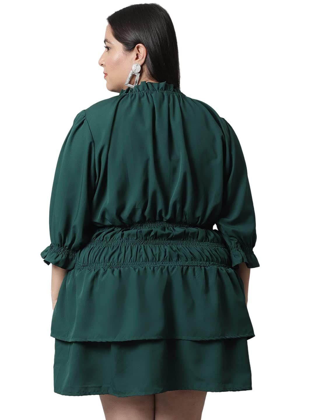 Flambeur Plus Size Green Solid Flared Short Dress for Women