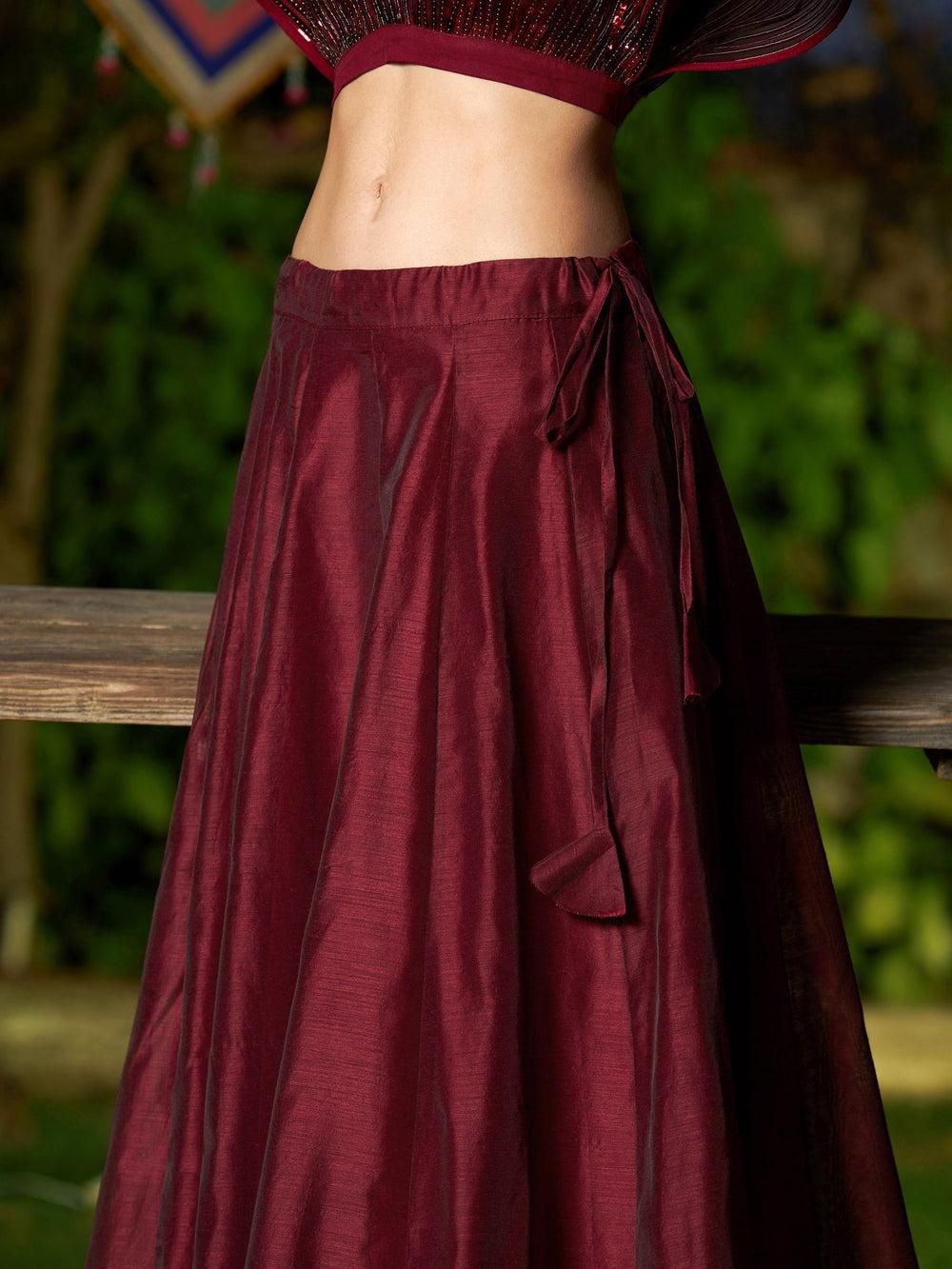 Sassafras Women's Maroon Mesh Mettalic Detail Top with Long Skirt