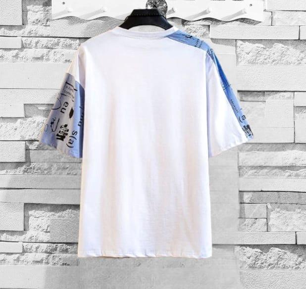 White & Blue Cotton Printed Half Sleeves Pocket Style Round Neck Mens T-Shirt