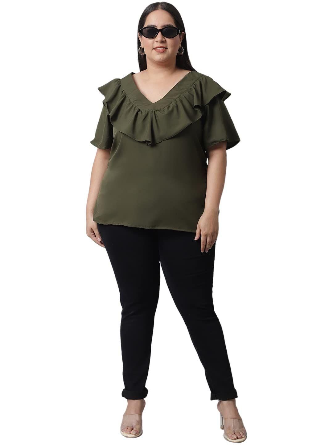 Flambeur Women's Plus Size Solid Olive Half Sleeve Top