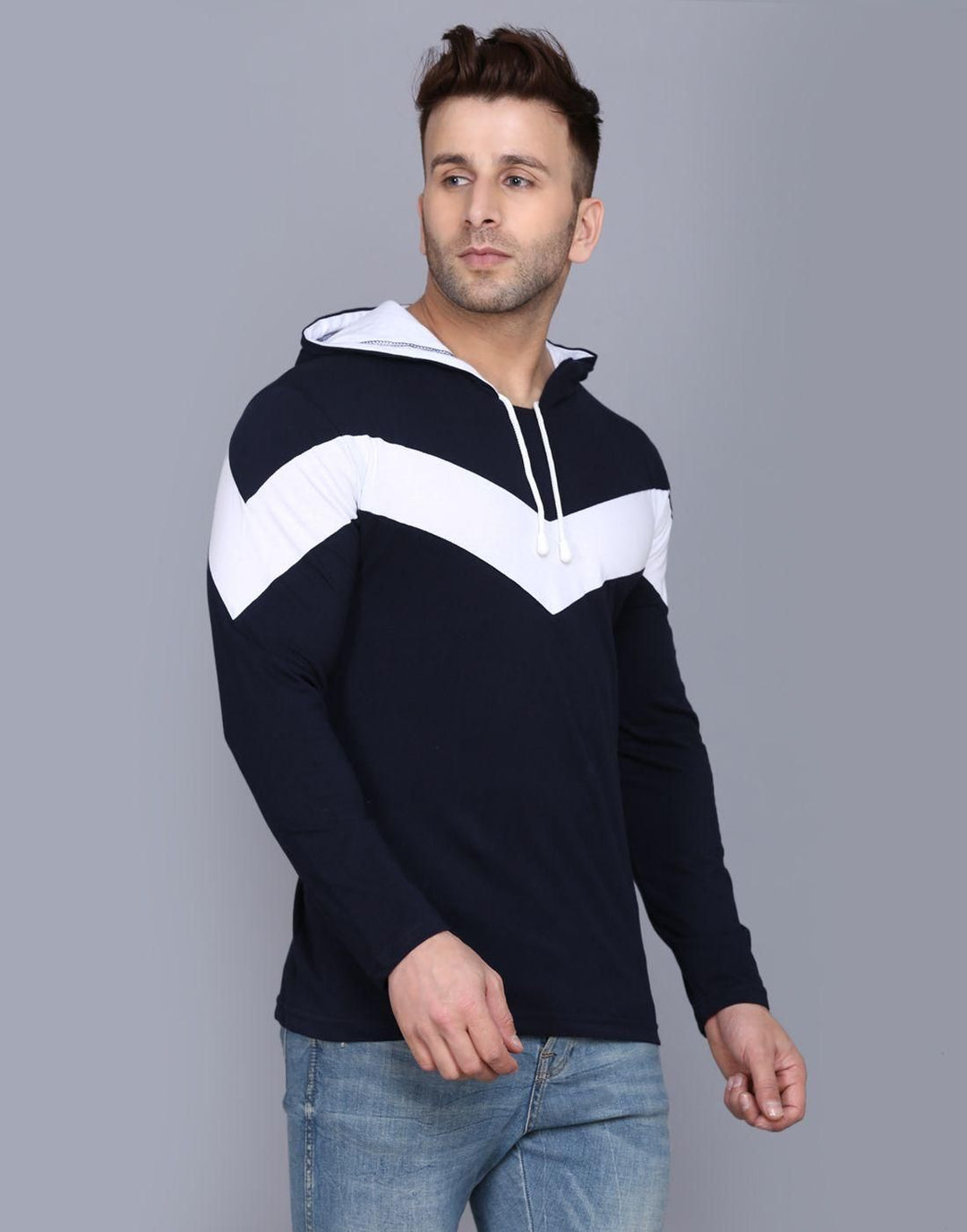 Navy Blue Cotton Color Block Full Sleeves Hooded T-Shirt