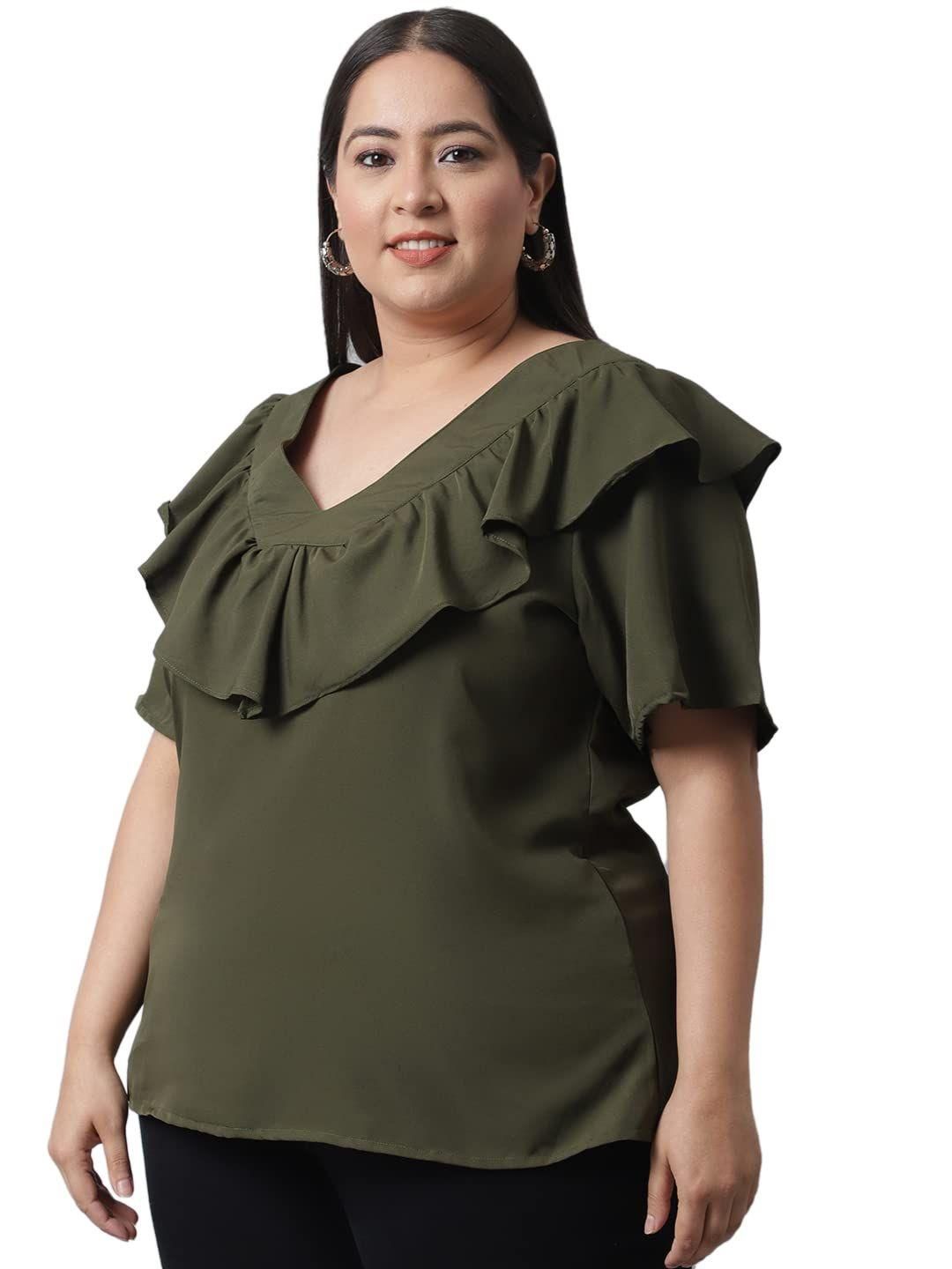 Flambeur Women's Plus Size Solid Olive Half Sleeve Top