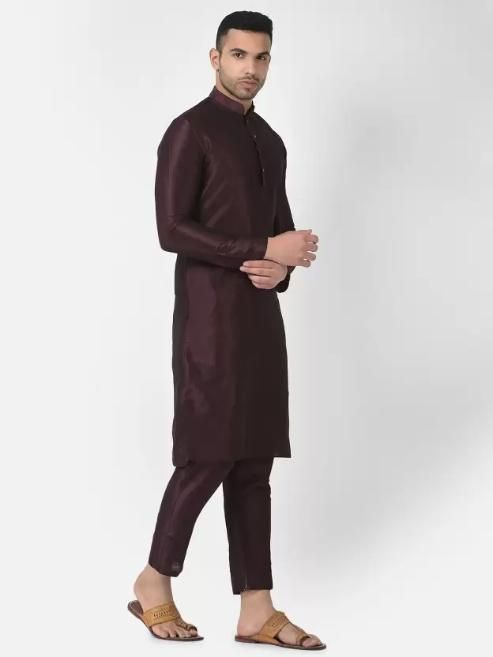 AHBABI Men's Solid Dupion Silk Kurta Pyjama Set Maroon