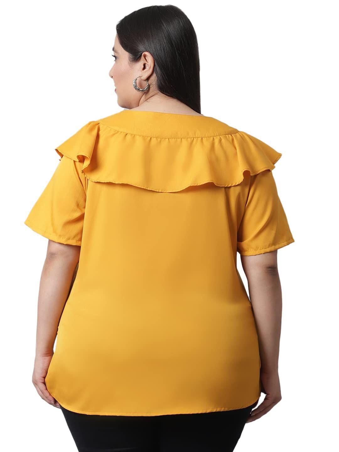 Flambeur Women's Plus Size Solid Mustard Half Sleeve Top
