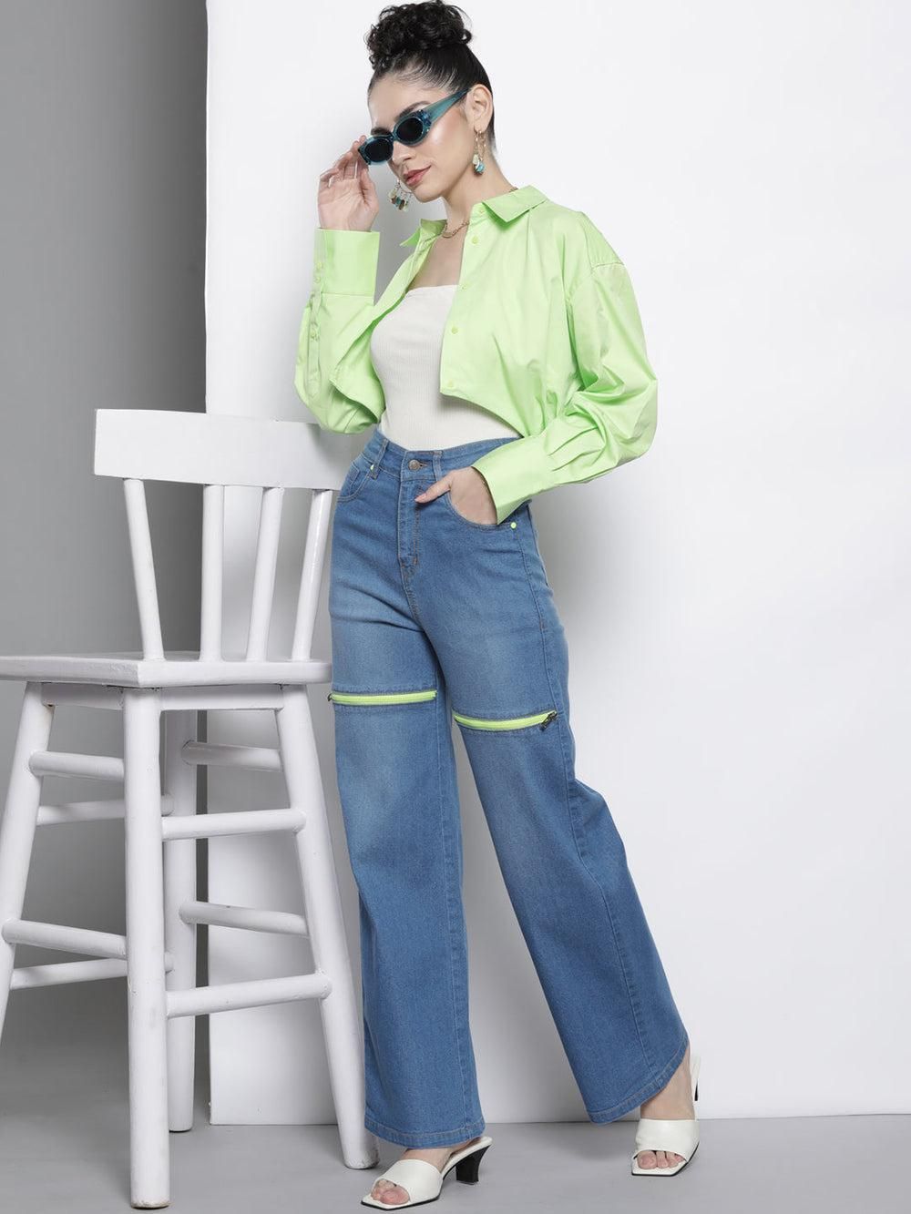 Sassafras Women's Solid Blue Front Zipper Stretch Straight Jeans