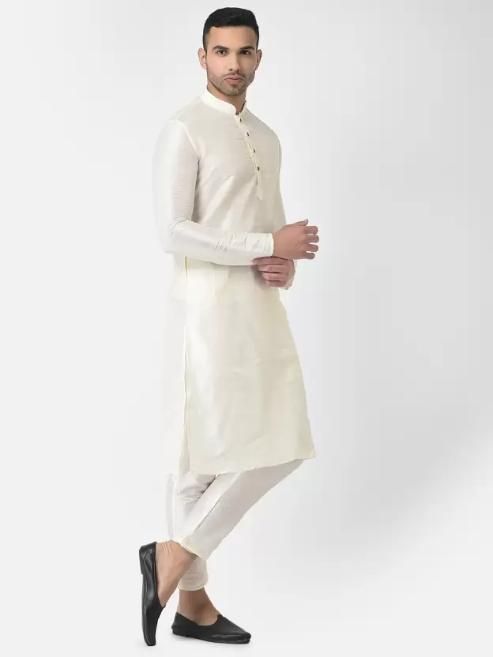 AHBABI Men's Solid Dupion Silk Kurta Pyjama Set Off White