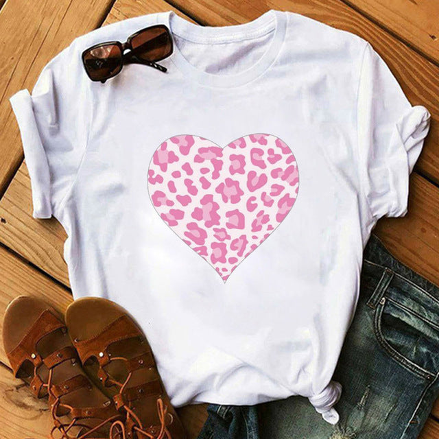 Spring Women's Cartoon Leopard Print Heart Printing T-shirt