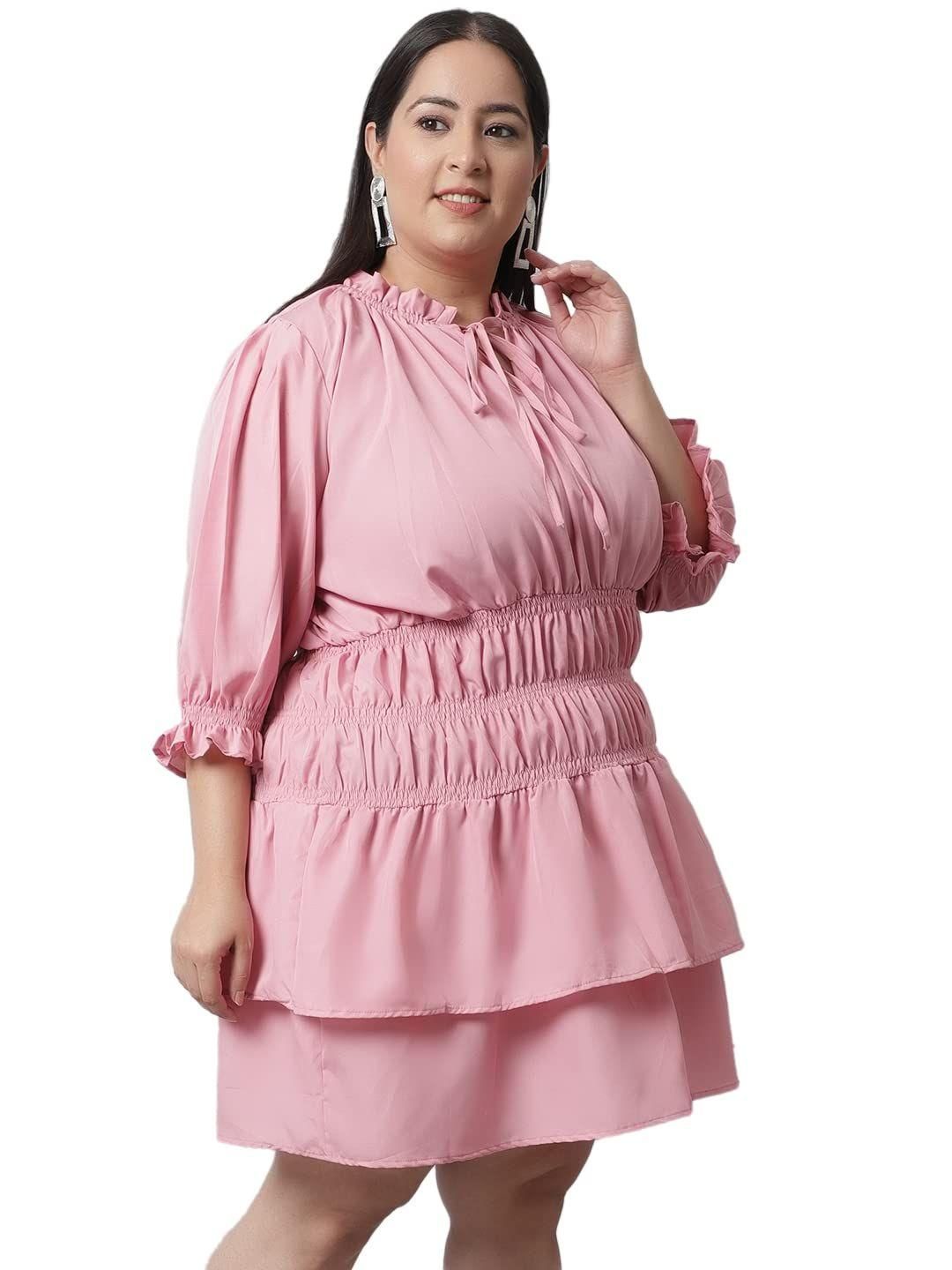 Flambeur Plus Size Peach Solid Flared Short Dress for Women
