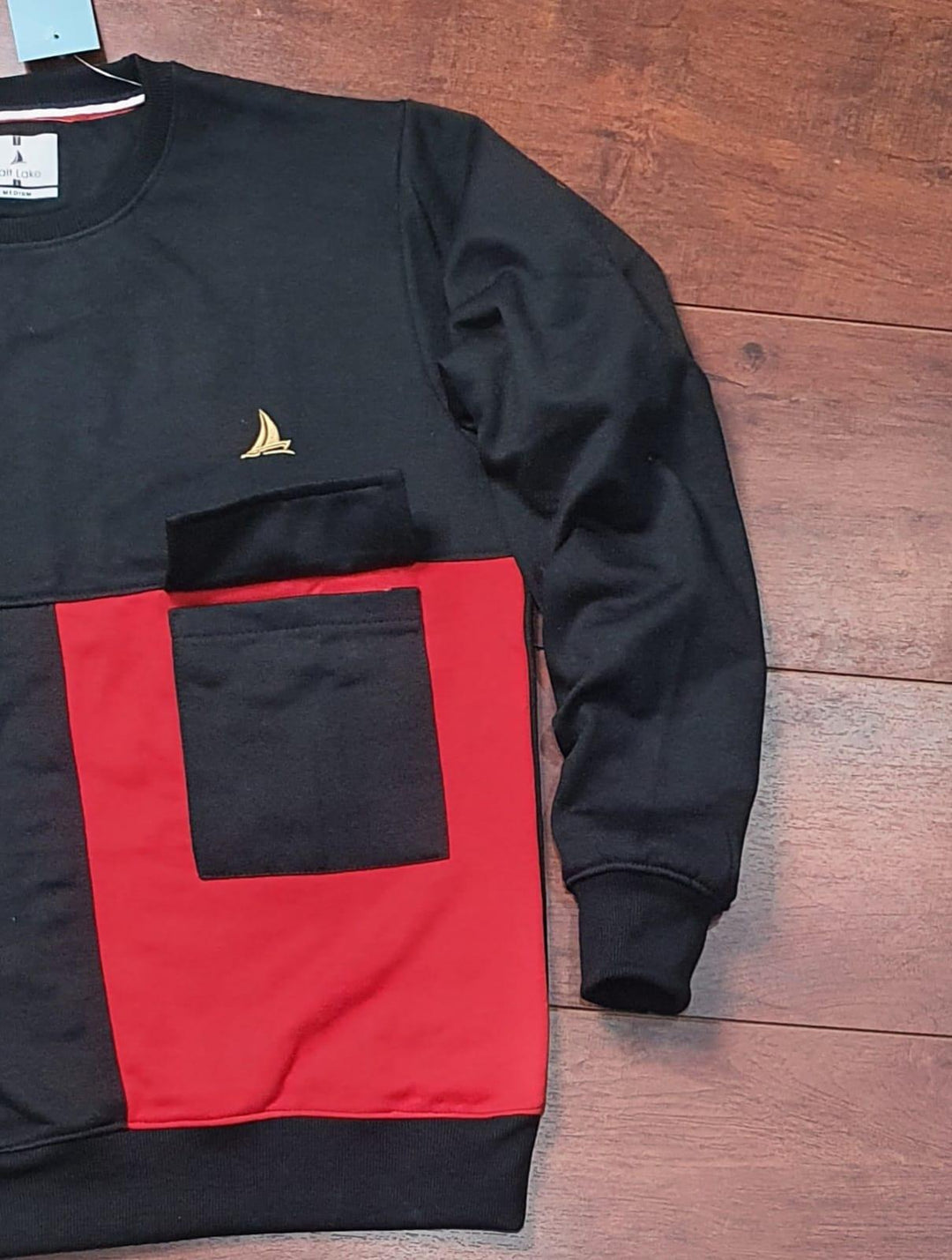 Black And Red Men Fleece Color Block Full Sleeves Sweatshirt