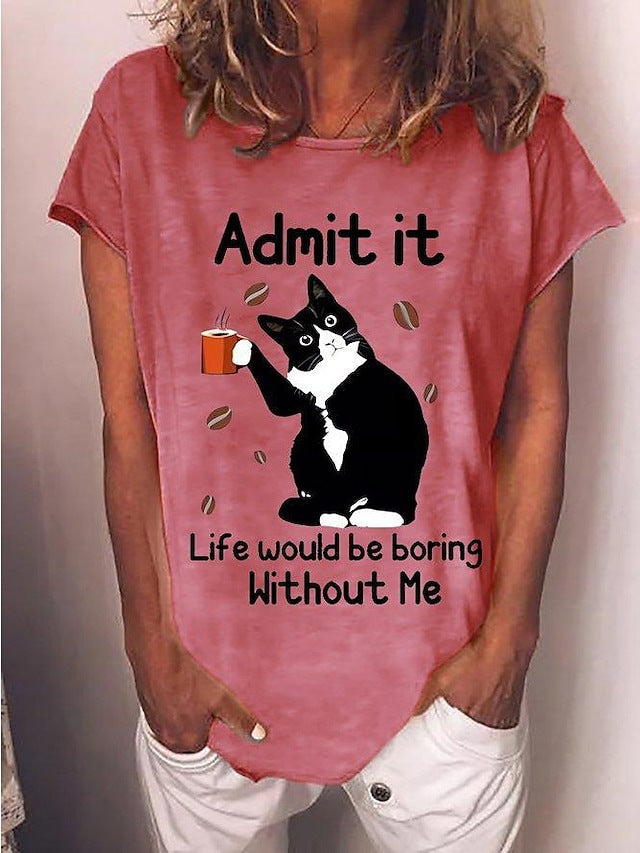 Women's Black Cat Digital Printed Short-sleeved T-shirt